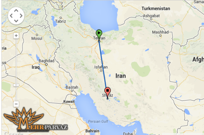 فاصله هوایی شیراز تا تهران
